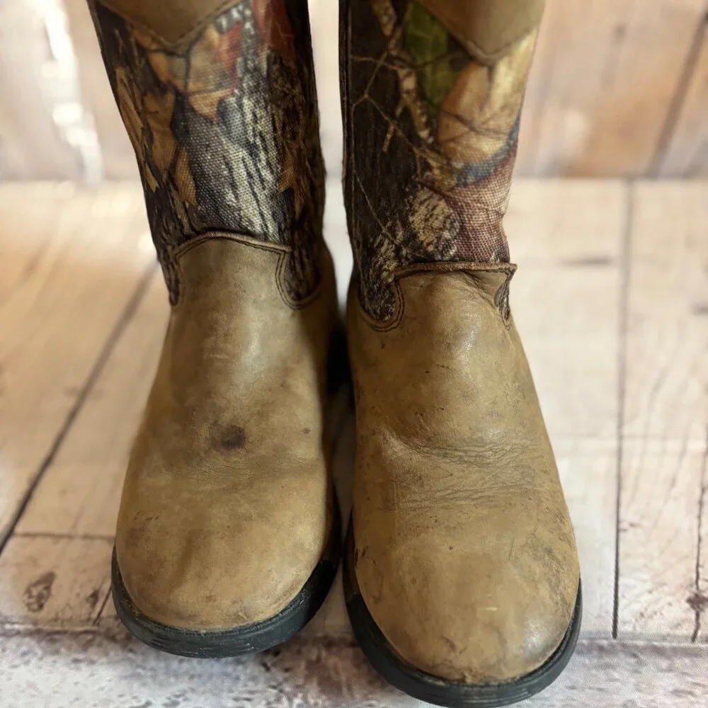Rocky Kids Leather Western Camouflage 6” Outdoor Brown Slip On Boots Size 4M